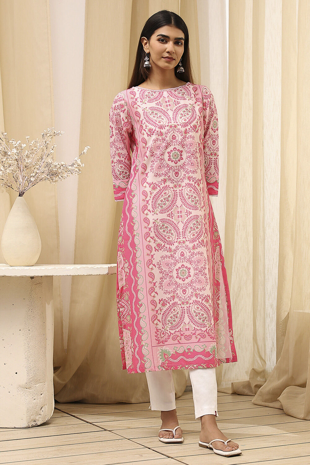 Blue and White Cotton Printed Straight Kurta image number 5