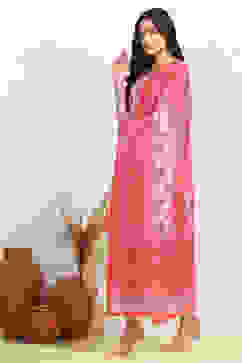 Pink Cotton Screen-Printed Unstitched Suit Set image number 4