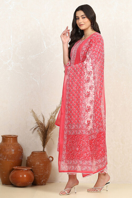 Pink Cotton Screen Print Unstitched Suit Set image number 4