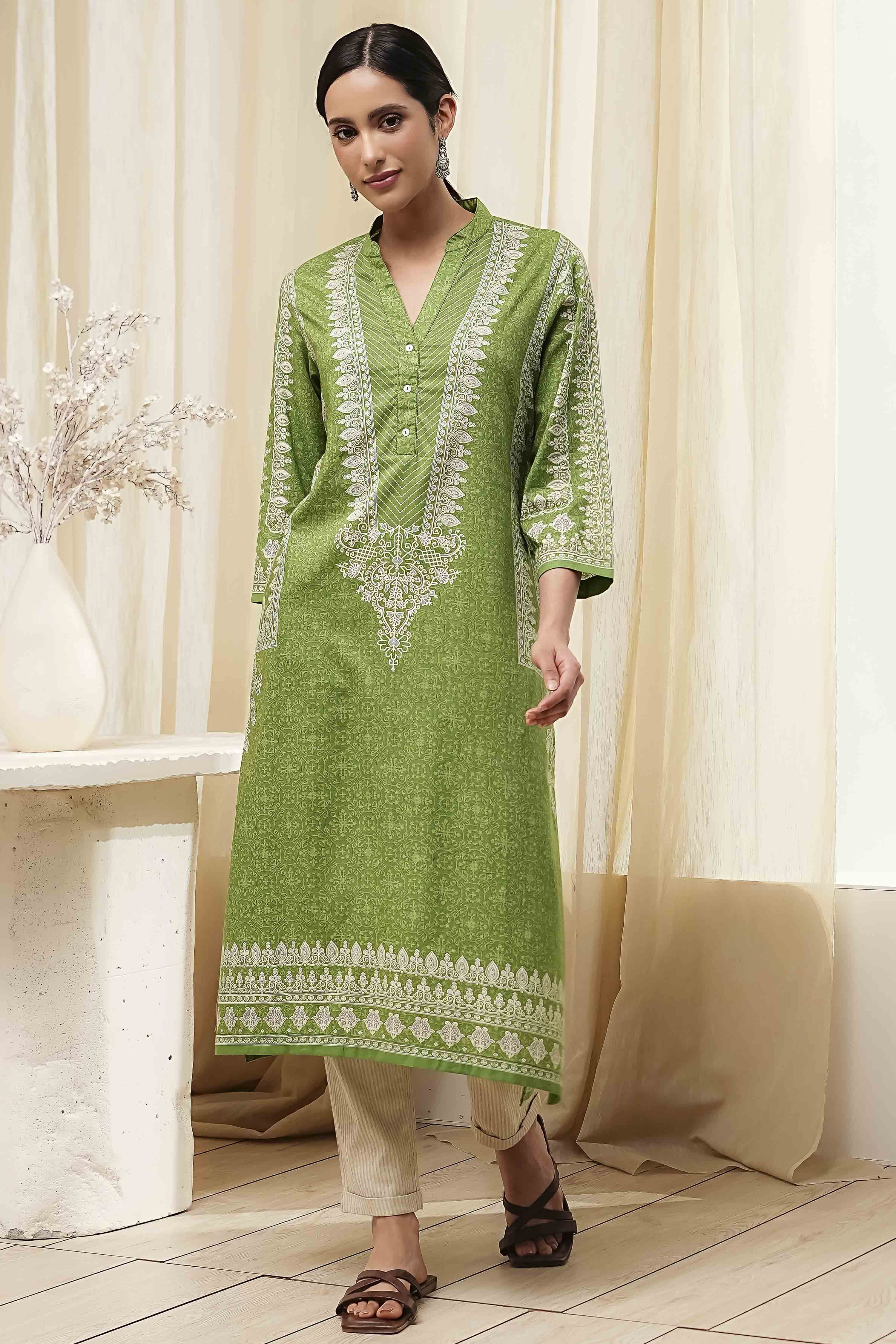 Green Cotton Printed Straight Kurta image number 5