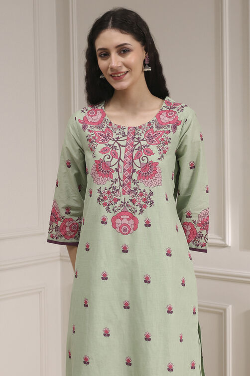 Sage Green Cotton Printed Straight Suit Set image number 1