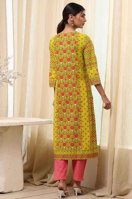 Green Cotton Printed Straight Kurta image number 3