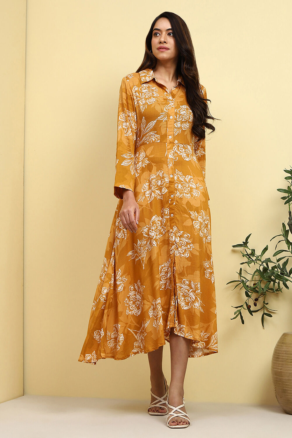 Mustard Yellow Floral Printed Shirt Style A-line Dress image number 5