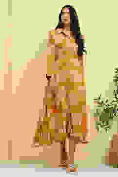 Mustard Yellow Floral Printed Shirt Style A-line Dress image number 5