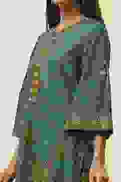 Teal Cotton Printed Straight Kurta Set image number 1