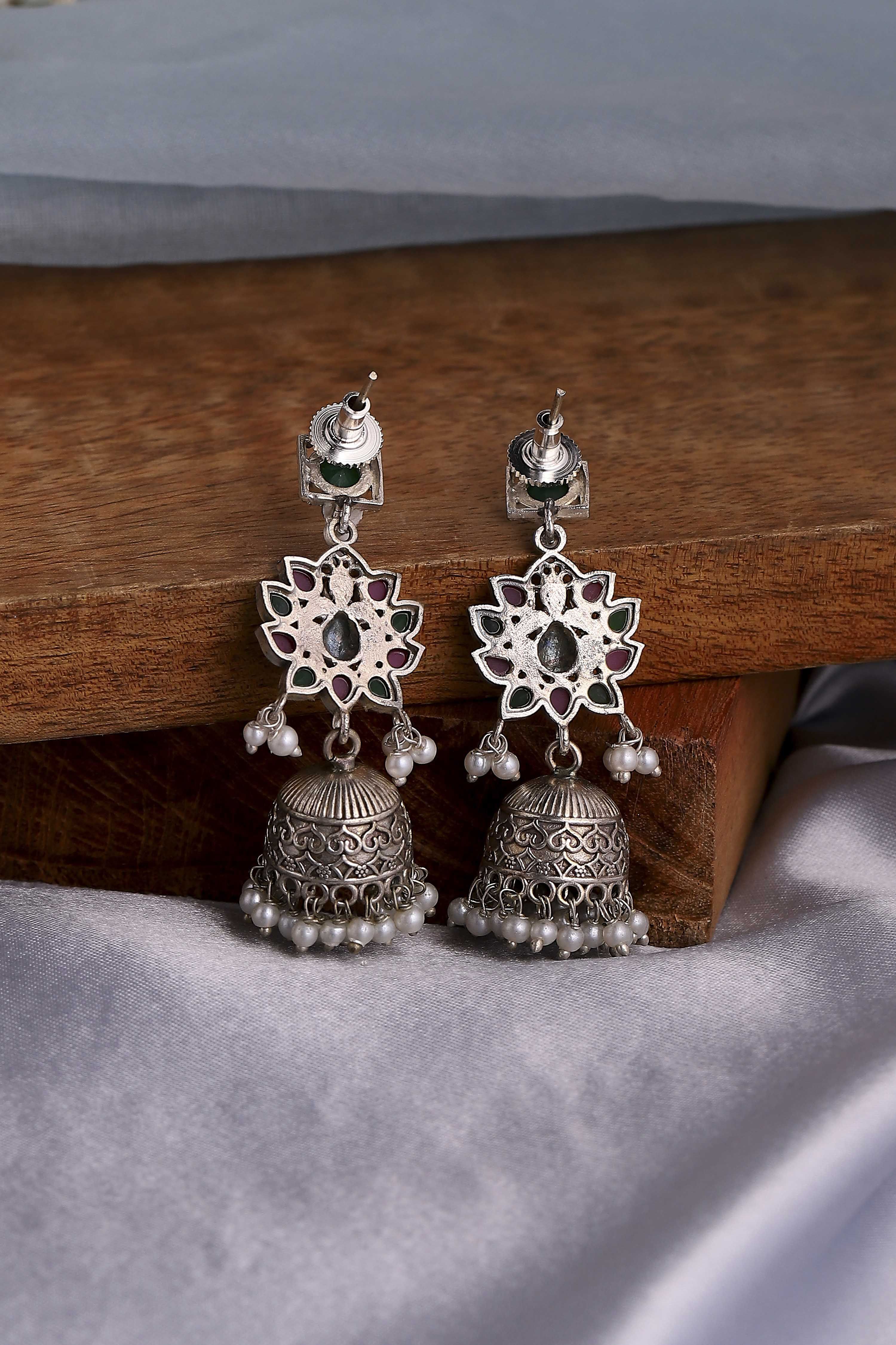 Multicolour Brass Oxidised Studded Jhumkas image number 2