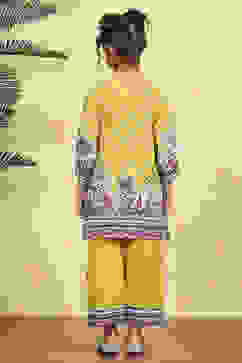 Yellow Cotton Printed A-Line Kurta Pants Set image number 4