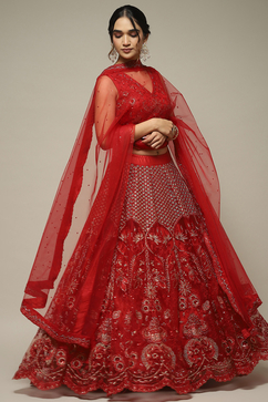 Red Nylon Embroidered Lehenga Set image number 6