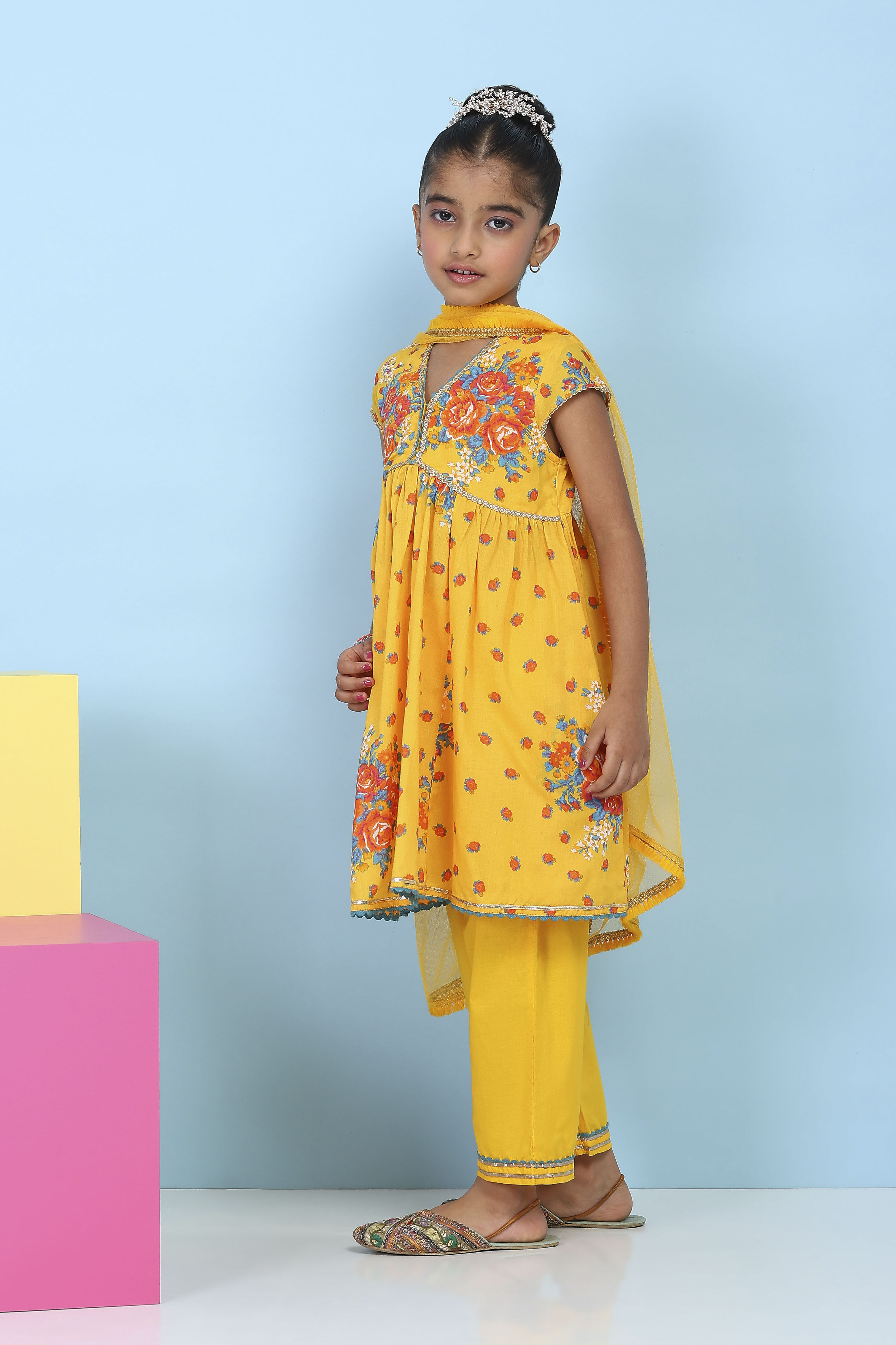 Yellow Cotton Printed Anarkali Suit Set image number 3