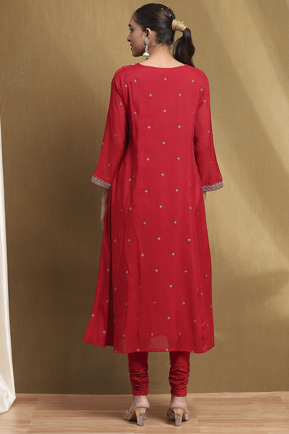 Red Embroidered Festive Kalidar Suit Set image number 4