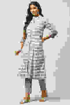 White Printed Cotton A-Line Kurta Slim Pants Suit Set image number 3