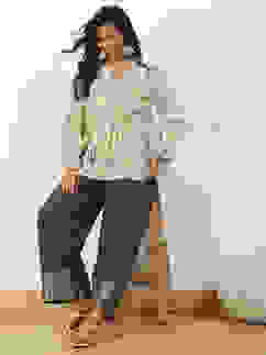 Grey Jacquard Solid Straight Palazzo Pants image number 0