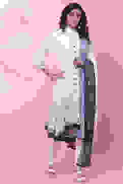 White & Blue Cotton Anarkali Kurta Churidar Suit Set image number 2