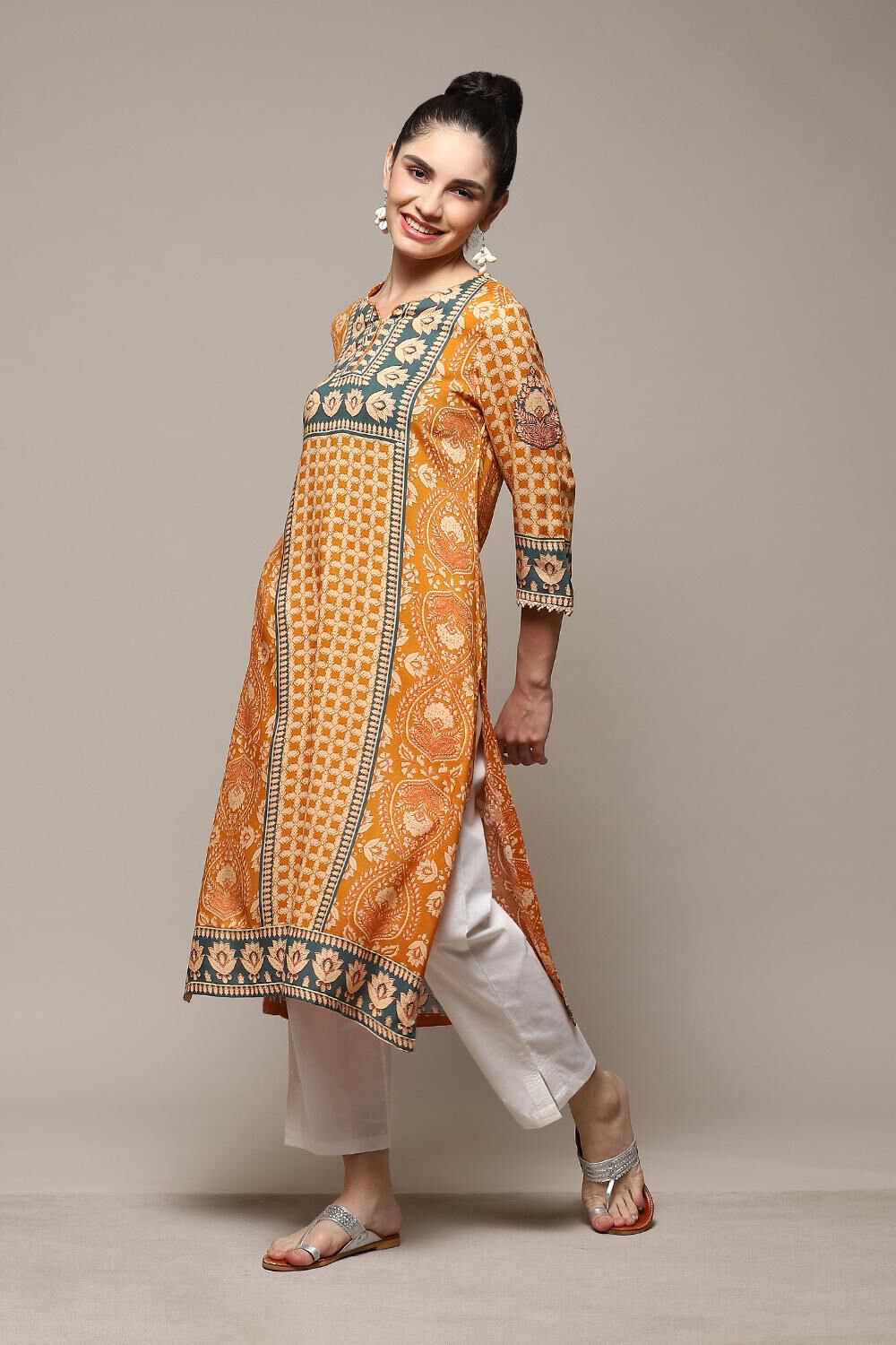 Burnt Orange LIVA Straight Printed Kurta image number 5