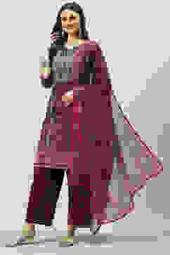 Wine Cotton Straight Kurta Slim Pants Suit Set image number 0