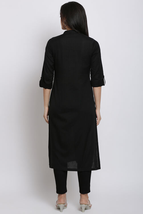 Black Cotton Flax Straight Kurta image number 5