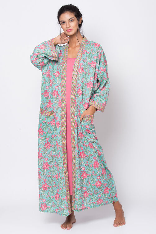 Teal And Pink Cotton Printed Sleepwear Robe image number 5