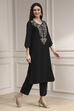 Black Textured Straight Kurta Pants Set image number 5