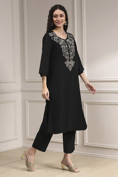 Black Textured Straight Kurta Pants Set image number 5