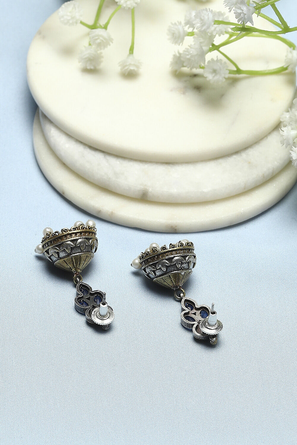 Blue Oxidised Stone Studded Jhumkas image number 2