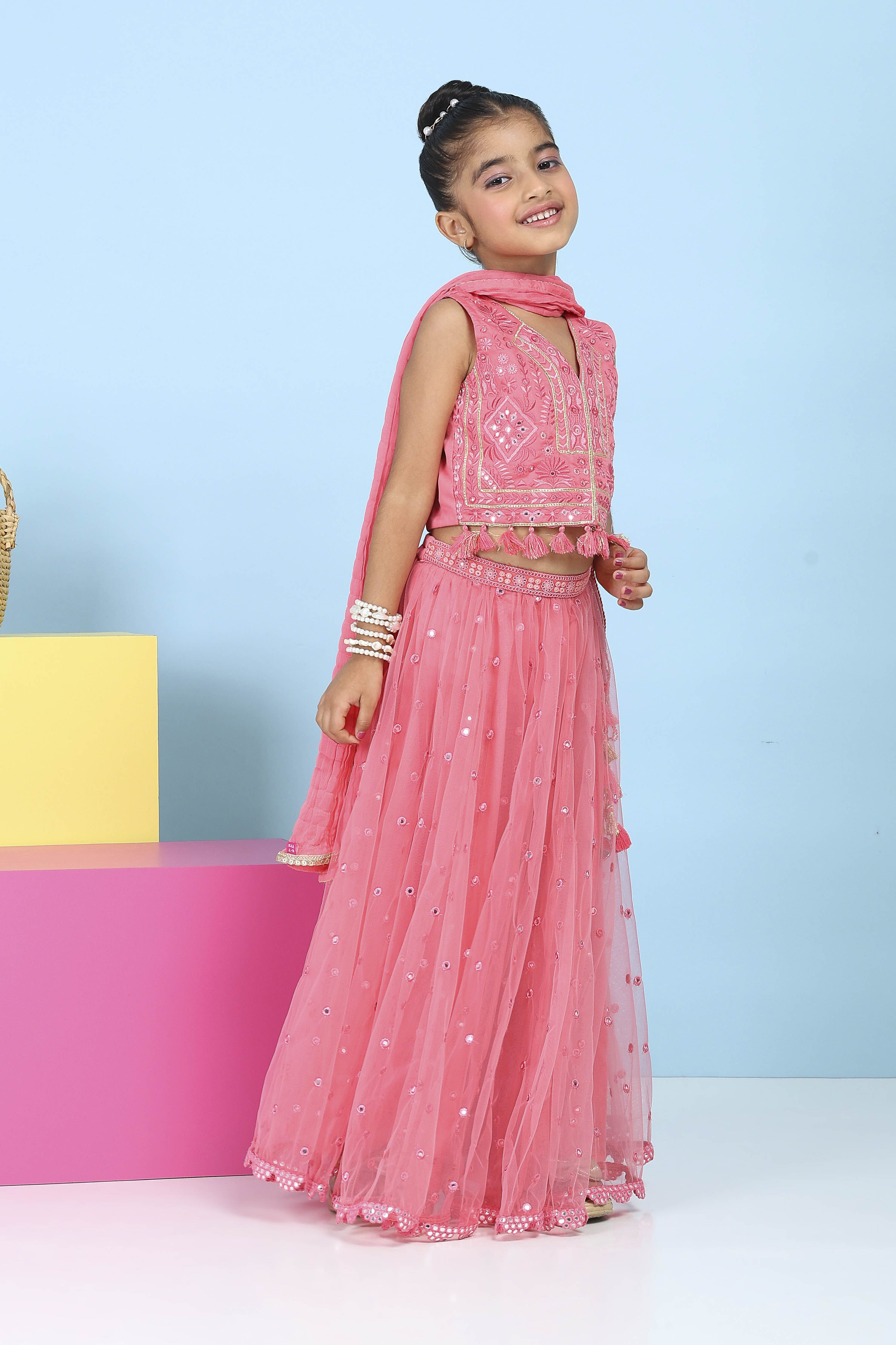 Pink Cotton Satin Solid Regular Lehenga Set image number 5