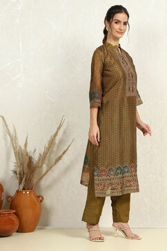 Olive Green Chanderi Floral Printed Unstitched Suit Set image number 3