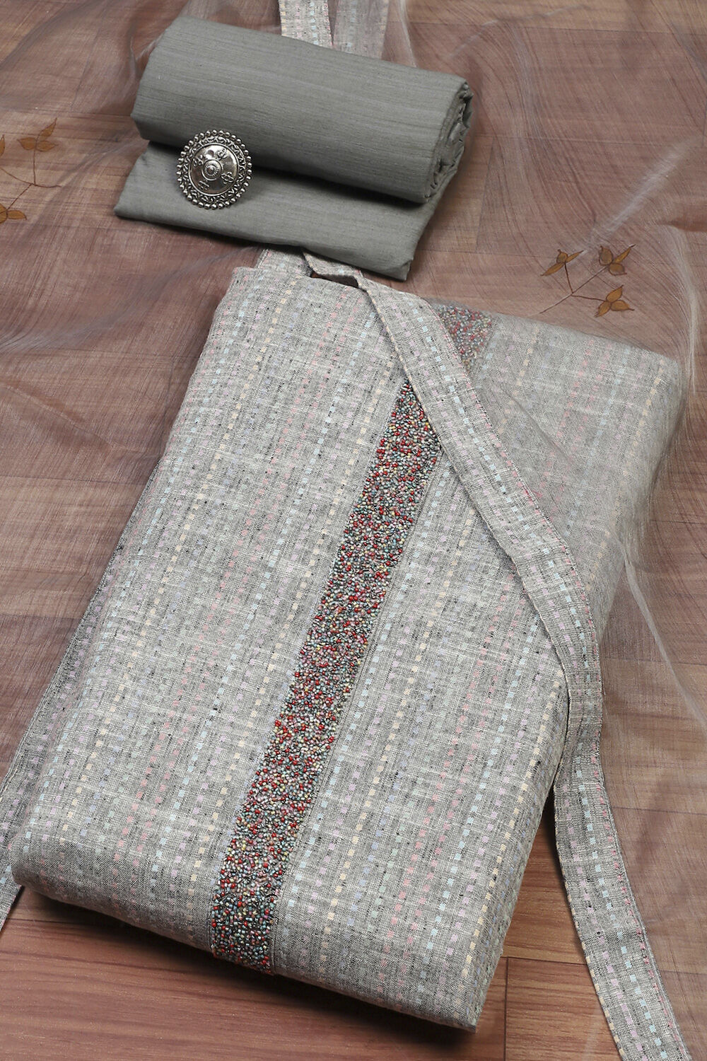 Gray Cotton Unstitched Suit Set image number 0