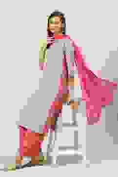 Off White Printed Cotton Straight Suit Set image number 7