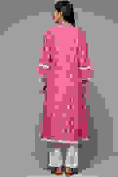 Pink Cotton Straight Embroidered Kurta image number 2
