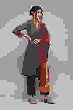 Charcoal Polyester Straight Kurta Narrow Palazzo Suit Set image number 6