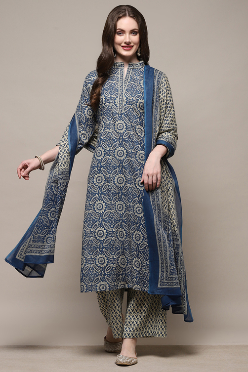 Blue Cotton Floral Screen Printed Unstitched Suit Set image number 8