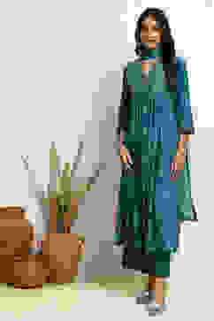 Teal Blue Floral Printed Flared Suit Set image number 5