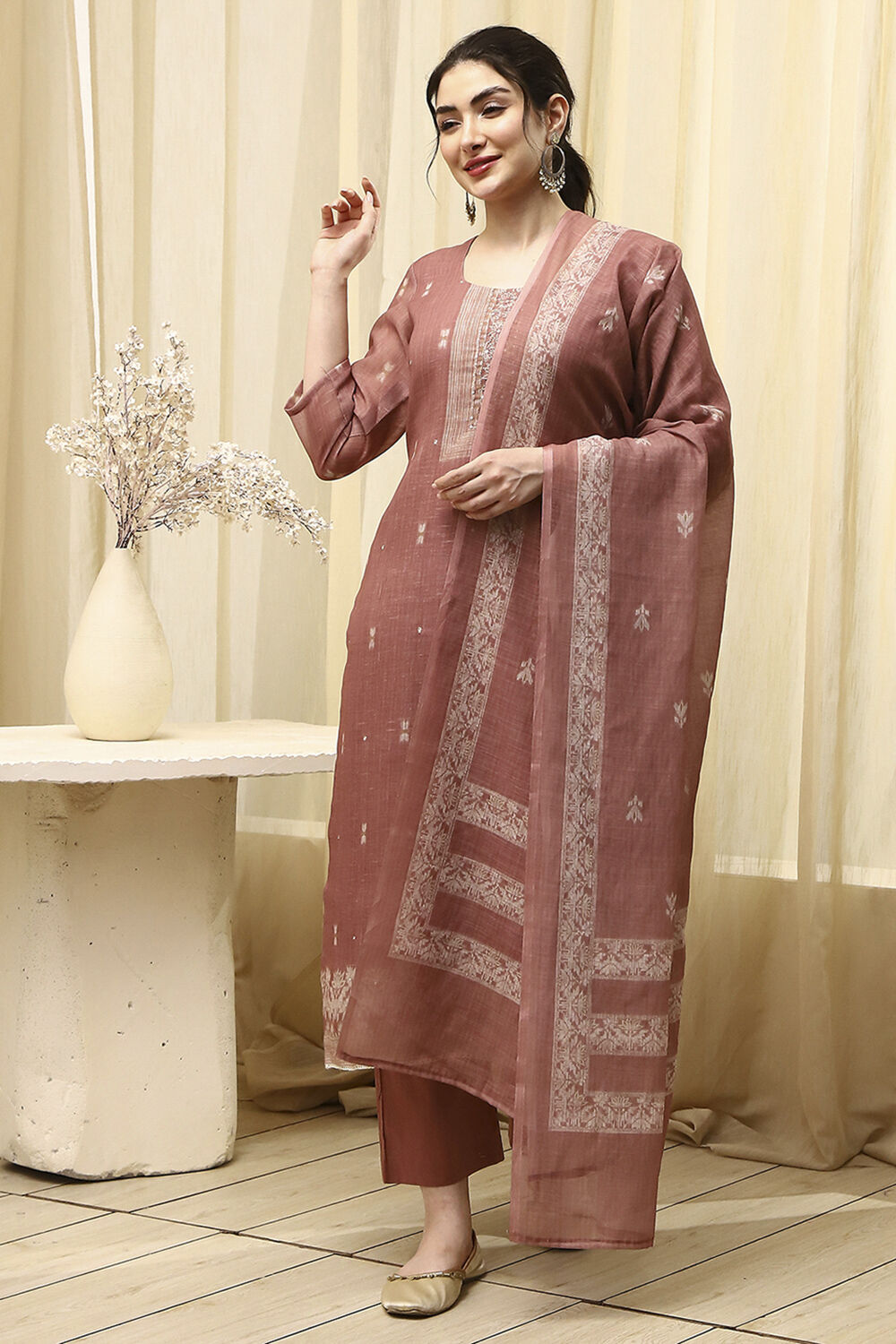 Coral Tissue Jamdani Unstitched Suit Set image number 1