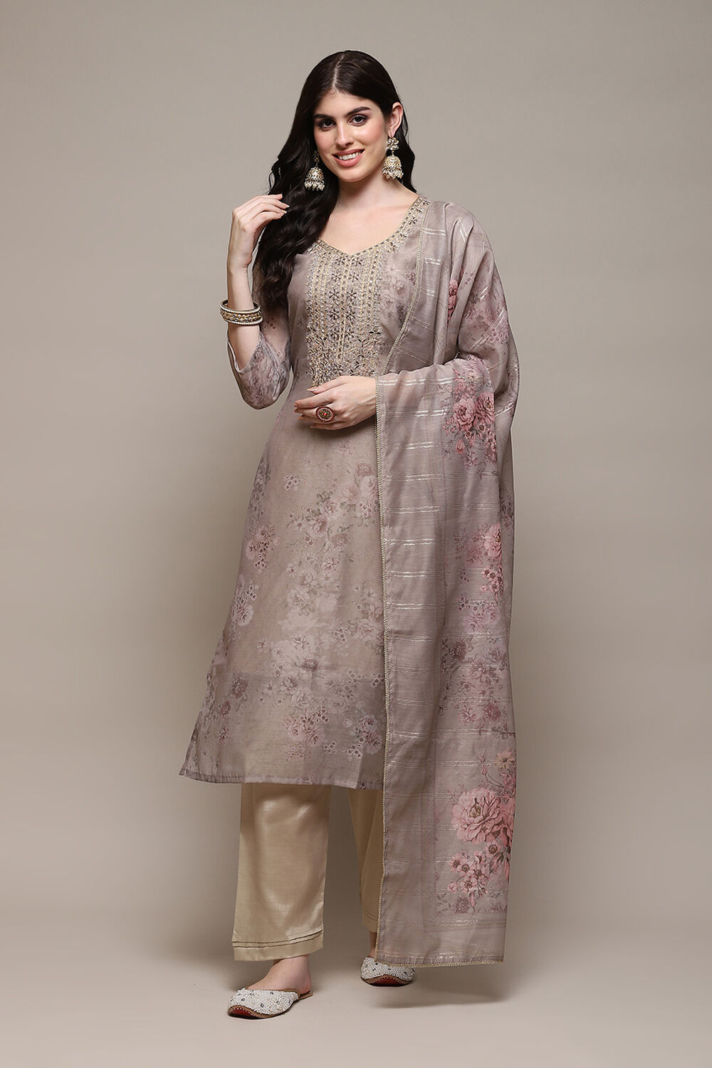 Beige Chanderi Blend Machine Embroidered Unstitched Suit Set image number 8