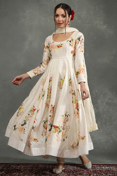 Rohit Bal Off-White Silk Chanderi Floral Printed Anarkali Suit Set image number 6