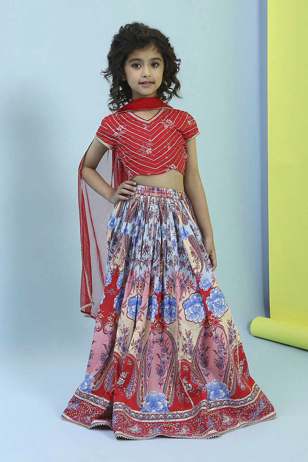 Red Cotton Printed Flared Lehenga Set image number 6