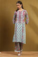 Turquoise Floral Printed Straight Suit Set image number 7