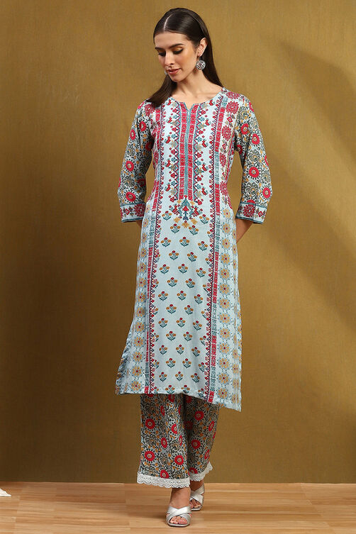Turquoise Floral Printed Straight Suit Set image number 7