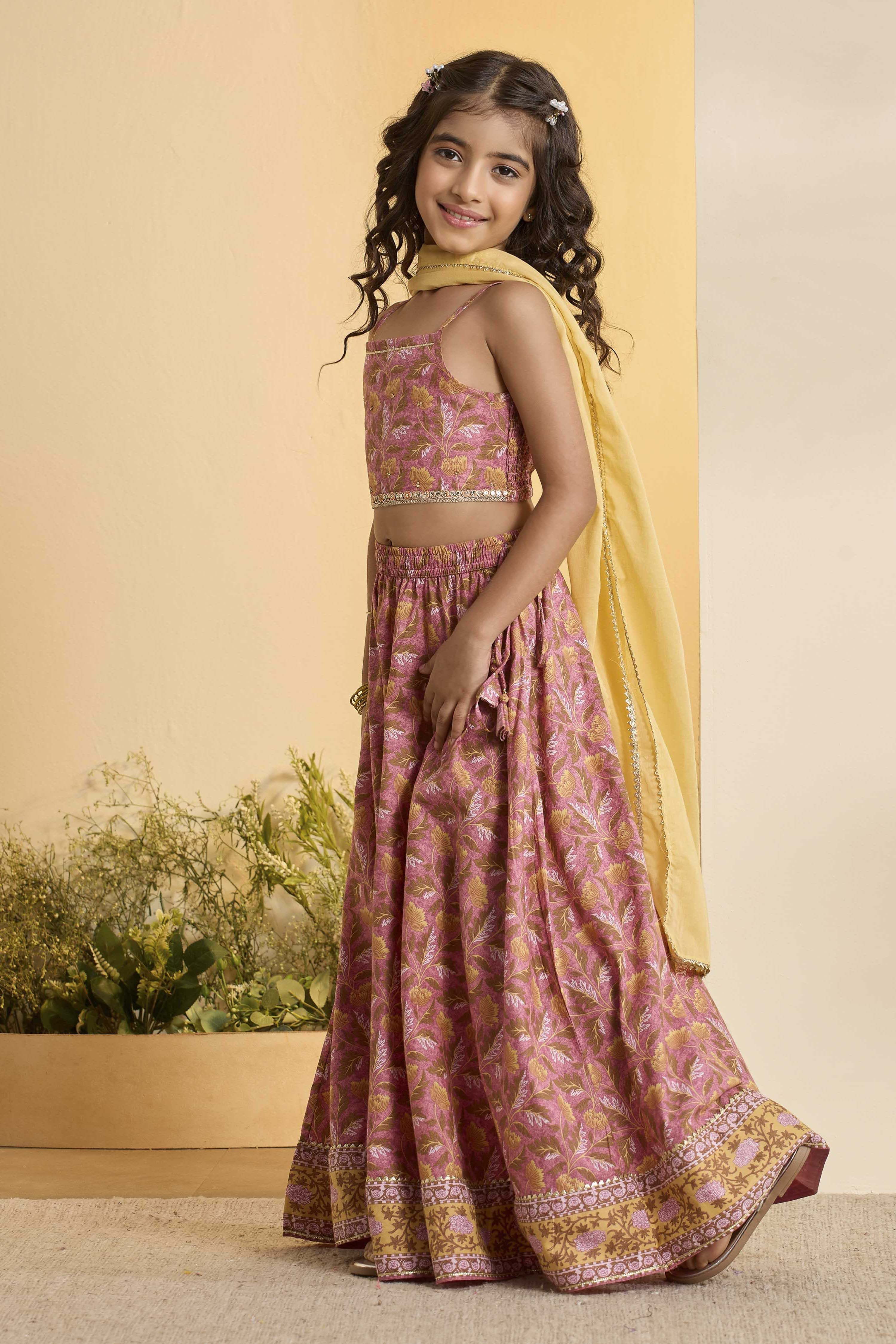 Peach Cotton Printed Gathered Lehenga Set image number 3