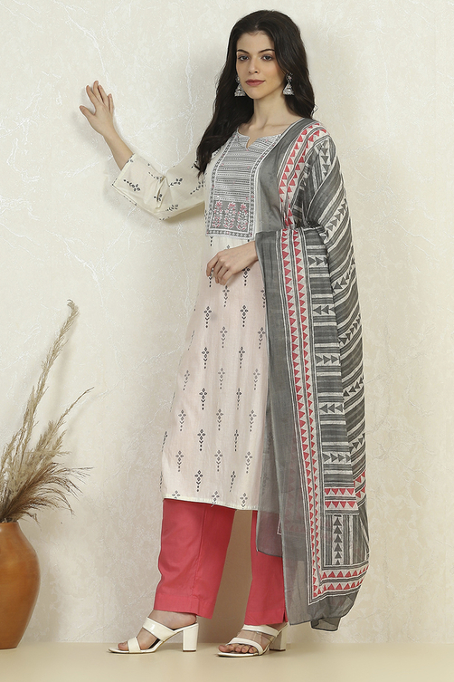 Grey Cotton Printed Embroidered Unstitched Suit Set image number 1