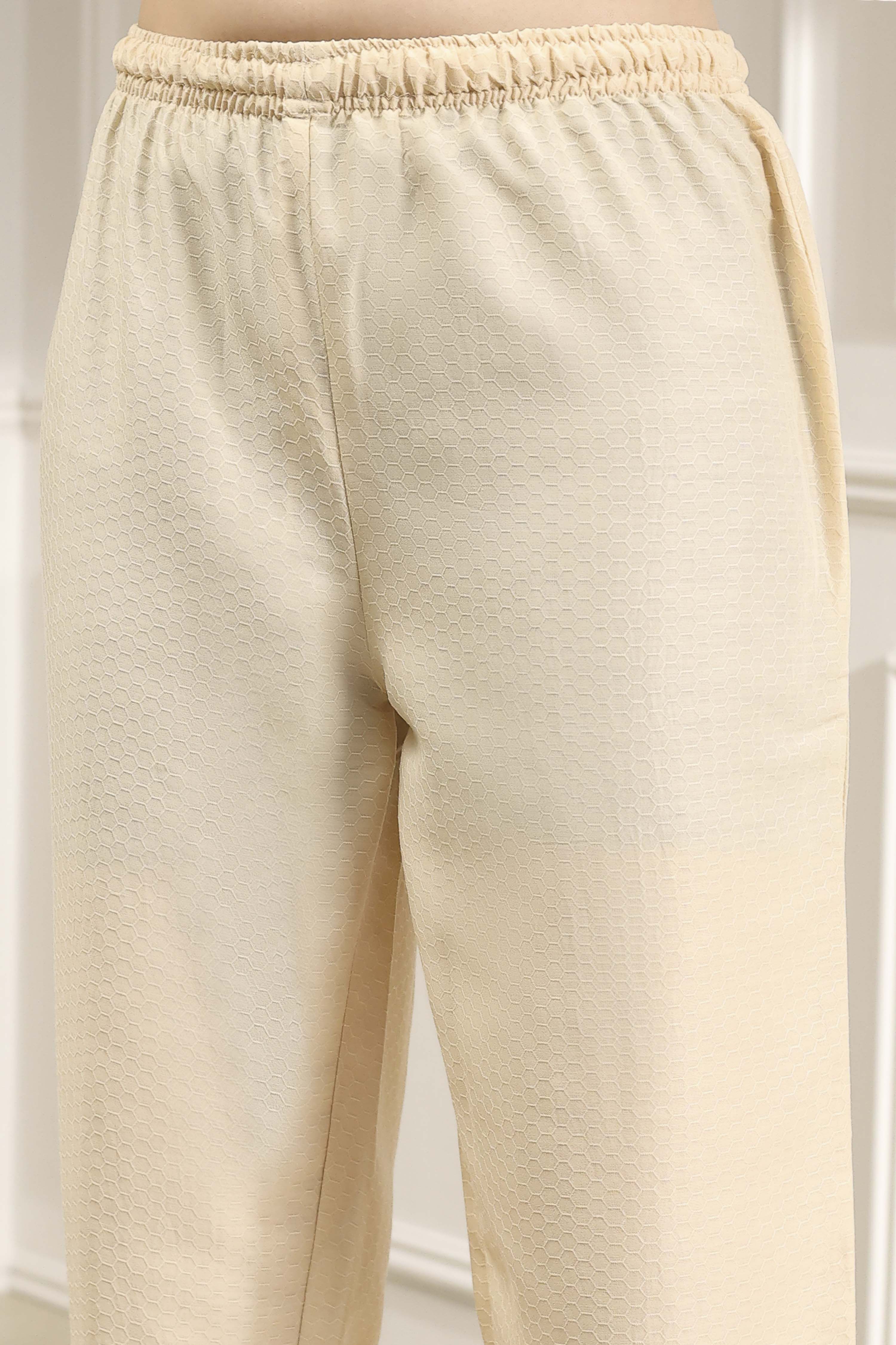 Ivory Textured Straight Kurta Pants Set image number 2