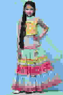 Yellow Cotton Strappy Top With Tiered Lehenga & Net Dupatta image number 7