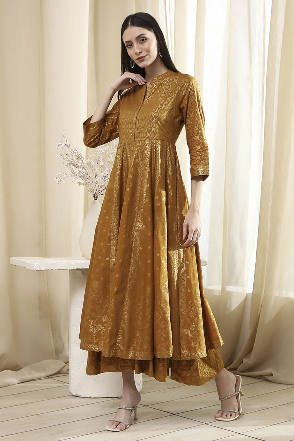 Mustard Brown Cotton Layered Anarkali Dress image number 2