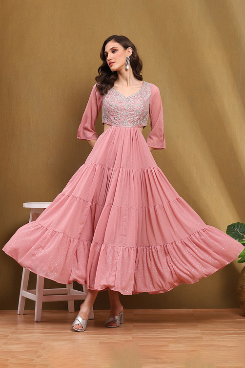 Buy Pink Poly Chiffon Embroidered Festive Tiered Dress Online at Biba India Buy Pink Poly Chiffon Embroidered Festive Tiered Dress Online at Biba India