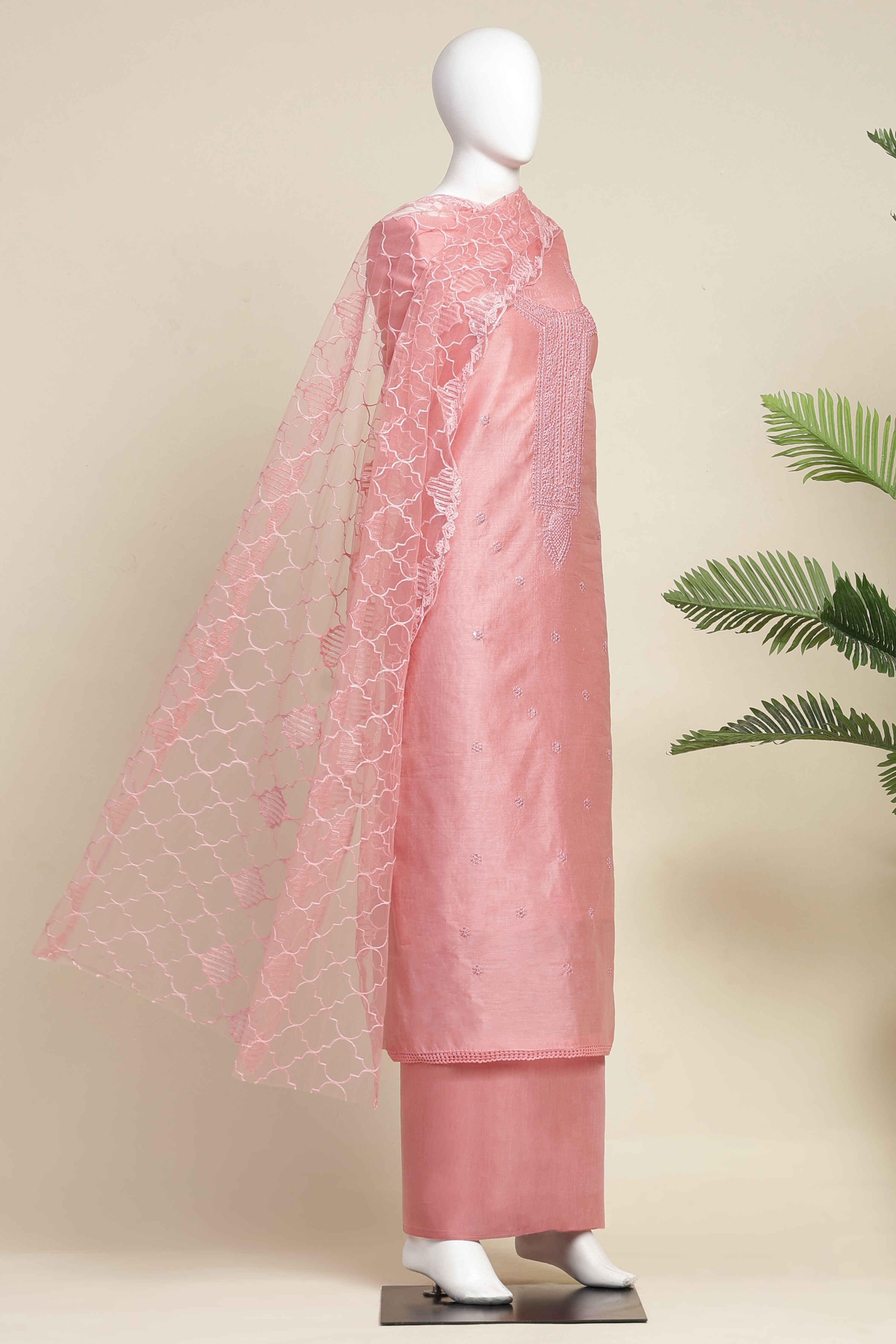 Peach Chanderi  Embroidered Unstitched Suit Set image number 4