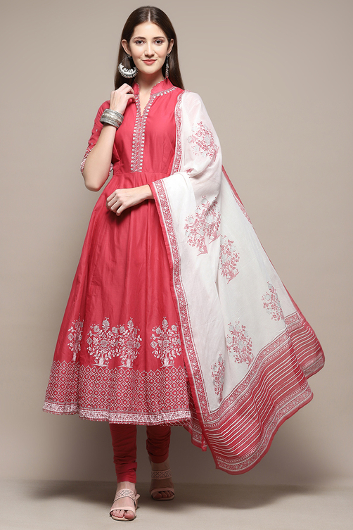 Black Cotton Anarkali Printed Kurta Churidar Suit Set image number 0