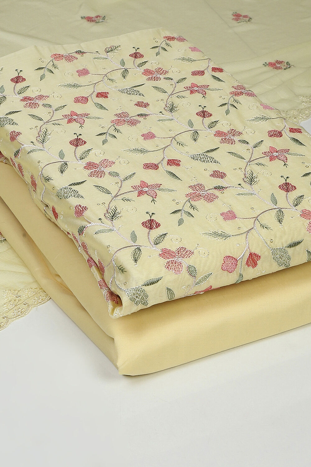 Yellow Chanderi Blend Unstitched Suit Set image number 5