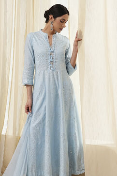 Powder Blue Cotton Embellished Anarkali Suit Set image number 7