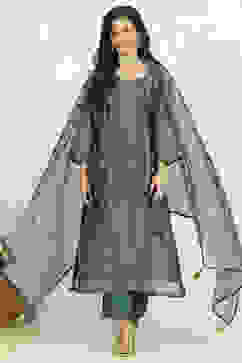 Teal Chanderi Unstitched Suit Set image number 1