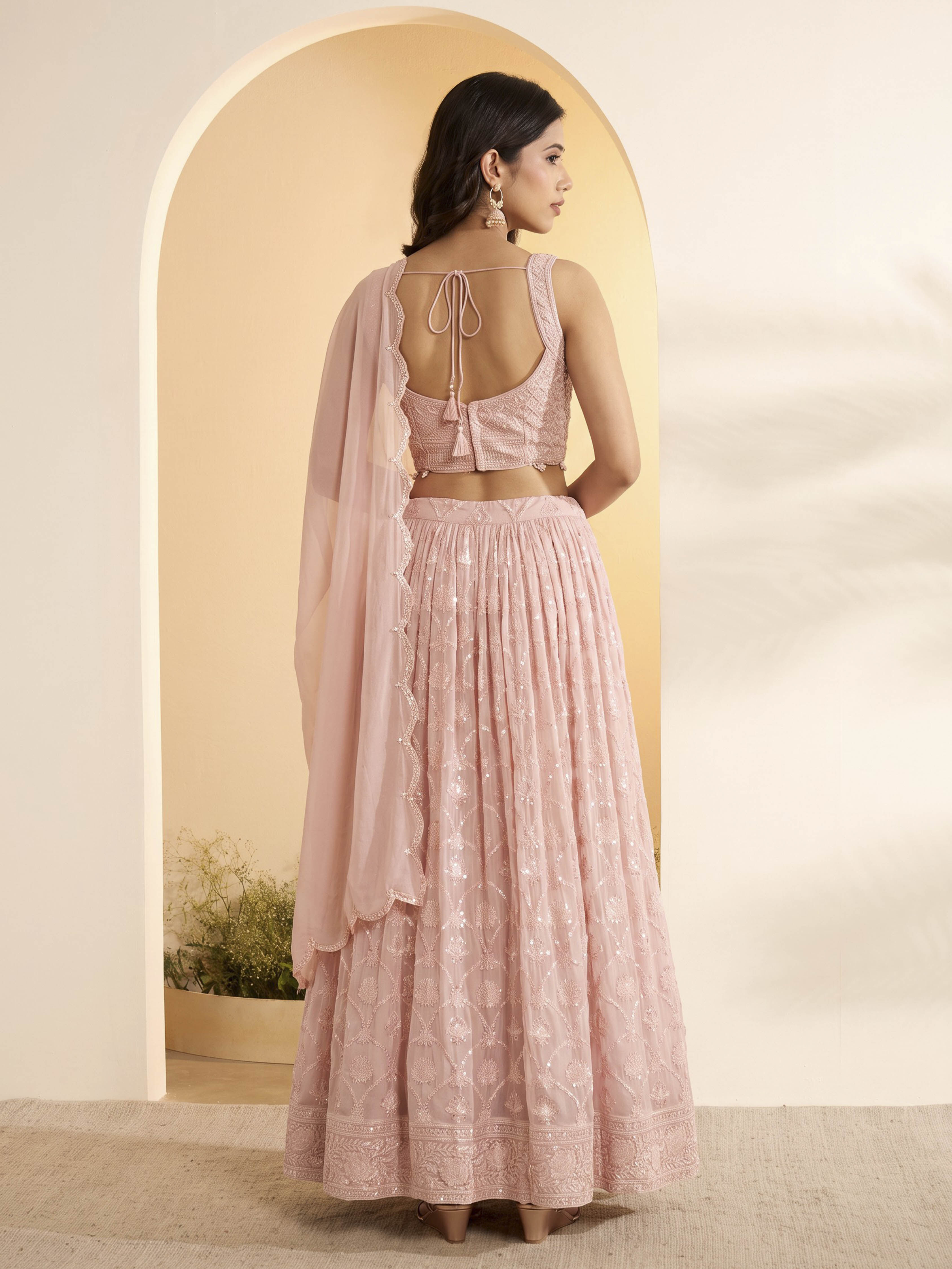 Pink Viscose Rayon Embellished Kalidar Lehenga Set image number 4